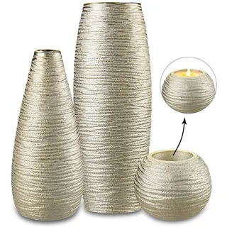 Gold Blumenvase für Pampasgras Blumen 3er-Set, Keramik-Blumenvase, dekorative Vase für Zuhause, Tischarrangement, Keramikvase, Wohnzimmer, Büro und Hochzeit oder weihnachtliche Tischdekoration