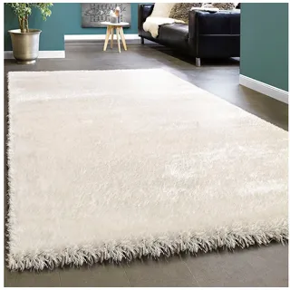 Paco Home Edler Teppich Shaggy Hochflor Einfarbig Flauschig Glänzend In weiß