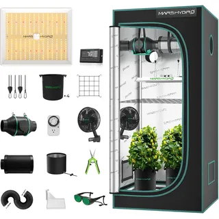 MARS HYDRO TS1000 Growzelt Komplettset mit Digitaler Temperatur und Feuchtigkeitsregler,LED Dimmbar Grow Lampe,80X80X160cm 1680D Hohe Reflektivität Grow Box Komplettset,4" Automatischer Belüftungssat