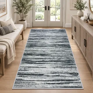 VSIWB Grau Teppich Läufer Flur 80x150 cm, rutschfest, weich, waschbar, Kunstwolle Kurzflor Küchenläufer, modern abstrakt für Wohnzimmer, Schlafzimmer, Diele, Eingang und Waschküche