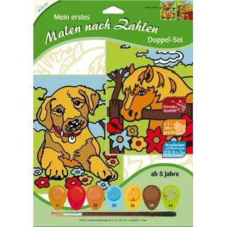 Mammut Spiel & Geschenk A30PPNF01 102001 - Mein erstes Malen nach Zahlen, Tiermotive, Hund & Pferd, Doppelpack, Komplettset mit 2 bedruckten Malvorlagen, 7 Acrylfarben und Pinsel, Malset für Kinder ab 5 Jahre bunt