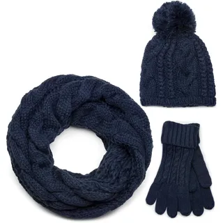 styleBREAKER "Strick Schal, Mütze & Handschuh Set mit Zopfmuster" 3 Stk., dunkelblau, loop schlauchschal