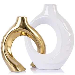 LCCCK Keramikvasen für Heimdekoration, Boho-Vase für Blumen, Pampasgras, dekorativ, Hohle Donut-Vase für Wohnzimmer, Tisch, Hochzeit, Tafelaufsatz, modern, klein, weiß und Gold