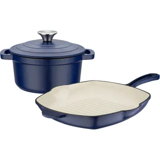 GSW »Blue Magic«, Gusseisen, (Set, 3 tlg., 1x Kochtopf mit Deckel Ø 20 cm, 1x Grillpfanne 27 x 27 cm), Dunstzapfen im Deckel zum Garen im eigenen Saft, Induktion