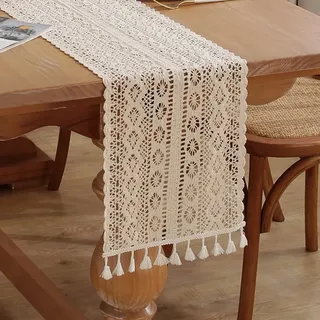 meioro Gehäkelte Tischläufer, 30x160cm Spitze Boho Tischwäsche Klassische Beige Hochzeit Tischdecke Vintage Tassel Tischdeko für Küche Essen Urlaub Party Dekoration Tablerunner(Stil-C)
