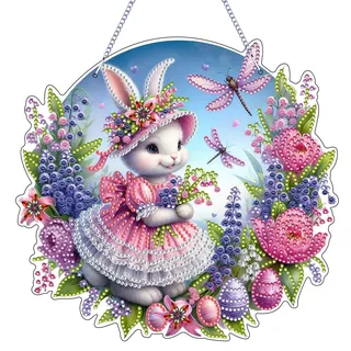 Skeadex Diamond Painting Ostern Türkranz, 5D Osterhase Diamont Painting Anhänger Fensterbilder Ostern Diamond Painting Frühling Osterdeko Fenster Diamant Malerei Osterkranz Haustür für Handwerk (B)