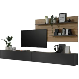 Furn.Design Wohnwand grau matt, Eiche Wotan 3-teilig 300 cm, Schrankwand hängend , Holzwerkstoff , Nachbildung,Eiche , Uni, Holz Optik , 300x180x30 cm , Wohnzimmer, Wohnwände
