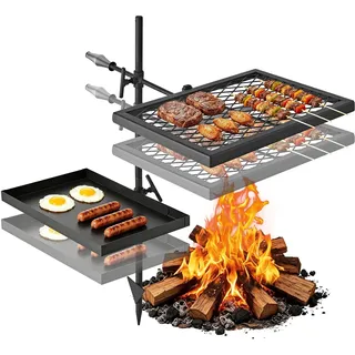 VEVOR Lagerfeuergrill Schwenkbar mit Grillrost Grillplatte Kohlenstoffstahl, 360° Höhenverstellbarer Schwenkgrill mit Grillständer, Drehbarer Outdoor-Grill für Offenes Feuer, Camping und Garten
