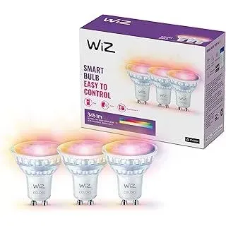 WiZ GU10 smarte LED Lampe, Glas, 3er-Pack - 50W, mit 16 Mio. Farben + Weißschattierungen, WLAN/Bluetooth, Sprach- / App-Steuerung, funktioniert mit Google Home, und HomeKit