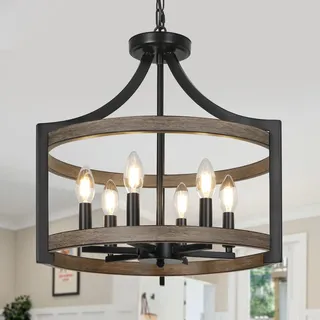 KMaiPem Kronleuchter Modern Schwarz Umwandelbare Landhausstil Deckenlampe Wohnzimmer, 6 Lichter Vintage Rustikal Bauernhaus Faux Holz Hängelampe Schlafzimmer(Glühbirne nicht enthalten)