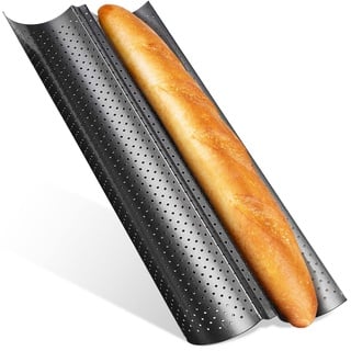 Feelino Backformen, Baguette Backform aus Carbonstahl, Spülmaschinenfestes 2er Baguette-Backblech, Baguetteblech mit 2 Mulden, Brötchen Backform Gelocht, Brot Backen Zubehör, Antihaft Metall-Backform