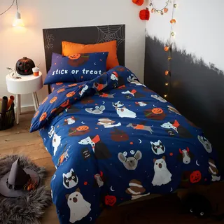 Catherine Lansfield Bedding Bettwäsche-Set mit Kissenbezügen, Motiv: Halloween-Hunde, leuchtet im Dunkeln, Einzelbett, Blau