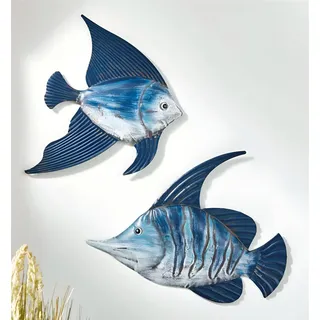 2x Wanddeko "Fische" aus Metall, 28 + 36 cm, Deko maritim, Wandbild, Wandschmuck, Metalldeko - Blau