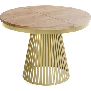 Esstisch Rund Ausziehbar mit Lamellen im Loft-Stil – 100 bis 180 cm – Industrieller Tisch mit Metallbeinen in Gold, Platzsparend für Wohnzimmer oder Esszimmer – Eiche Braun - Hellbraun