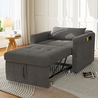 UnboxG Schlafsofa Einzelsofa grau, Chenille-Stoff, 5-fach verstellbare Rückenlehne, Sofa mit Ablagetisch & Stauraumtasche