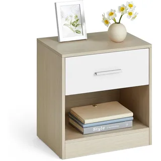 VASAGLE Nachttisch, 2er Set, Beistelltisch, mit Schublade, Griff, offenes Fach, Couchtisch, für Schlafzimmer, Wohnzimmer, naturbeige-klassikweiß LET819T67