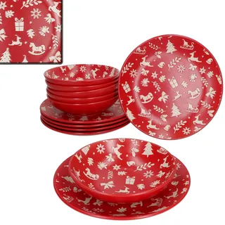 MamboCat Advent 12tlg Tafelservice I Steingut-Geschirr für 6 Personen in Rot mit Weihnachtsmotiven in Creme I winterliche 6X Speiseteller & 6X Suppenteller 480ml I Weihnachten