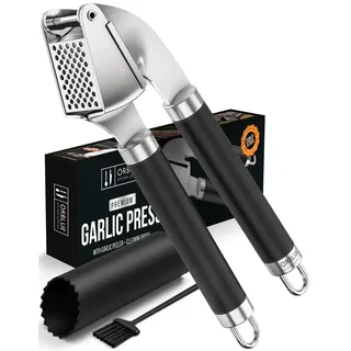 ORBLUE Knoblauchpresse Edelstahl Schwarz – Premium Knoblauchpresse & Knoblauchreibe – Garlic Press mit Silikon-Schäler & Bürste, Robust, Ergonomisch & Spülmaschinenfest