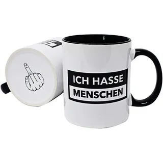 Close Up Lustige Tasse - Ich Hasse Menschen - mit Bodendruck Mittelfinger - Geschenk für Misanthropen, Kollegen, Freunde, Morgenmuffel - weißer Kaffeebecher innen & Henkel schwarz