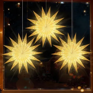 Lewondr Weihnachtsstern Beleuchtet 3 Stück, Papiersterne Weihnachten,LED Stern Fenster Aufhängen mit Fernbedienung ,Weihnachtsdeko Papierstern für Weihnachts Deko Innen 55 cm