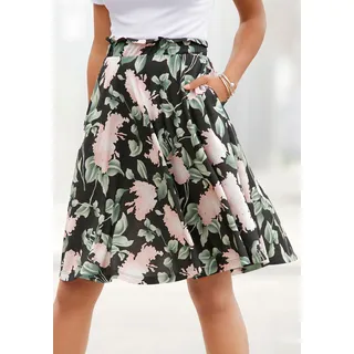 Buffalo Sommerrock "mit Paperbag-Bund und Blumenprint" luftiger Midirock mit Taschen, kniefreier Jerseyrock mit Blumenmuster, schwarz, rosa, bedruckt