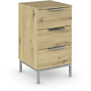 Rauch Möbel Flipp, Nachttisch, Farbe Eiche Artisan, Maße 40x72x42 cm | Nachtkommode, 3 Schubladen, Soft-Close-Funktion, Griffe und Metallkufe Chrom, für Schlafzimmer, Jugendzimmer, Gästezimmer