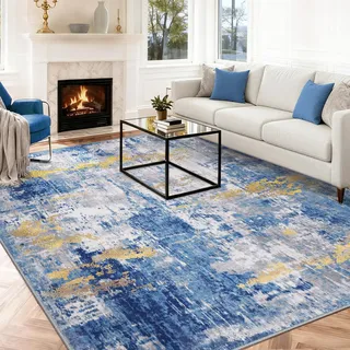 INOVADAY Waschbarer Teppich Wohnzimmer 240x300 cm Moderne Abstrakt Teppich Schlafzimmer mit Weichem Kurzflor rutschfest Minimalistische Teppiche für Lounge Esszimmer Blau/Gold
