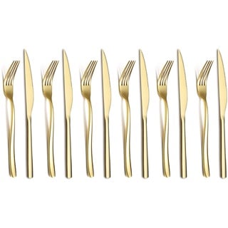 Gold Steak Besteckset 12-Teilig, Premium Edelstahl 6 Tafelgabeln und 6 Tafelmesser-Set, Steakmesser Steakgabeln für 6 Personen, Spülmaschinenfest (Glanzendes Gold)