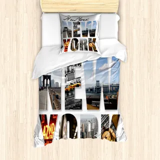 ABAKUHAUS New York Mantele, New York Collage, Milbensicher Allergiker geeignet mit Kissenbezügen, 135 cm x 200 cm - 80 x 80 cm, Mehrfarbig