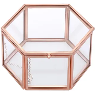 SUMTree Rosagolden Schmuckschatulle Metall Glas Schmuckbox Glasbox Schmukkiste Schmuckkoffer Geschenk Hochzeit Geburtstag Weichnachten Schmuckaufbewahrung Ring Schmuck Damen Mädchen (Sechseck Mittel)