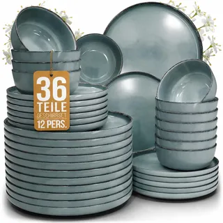 Steingut Geschirrset 12 Personen Rustic 36 tlg. TESTSIEGER, Hochwertiges Landhaussttil Steingut Geschirr Set, Schüssel- und Teller Set, Tafelservice 12 Personen, Geschirrsets Pure Living in Rauchblau