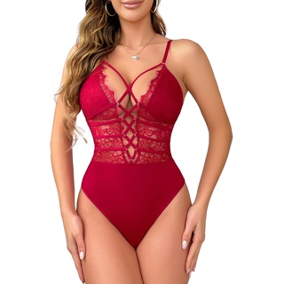 Buitifo Damen Sexy Body Ein Stück Babydoll Dessous Spitze Teddy Negligee(Red,S)