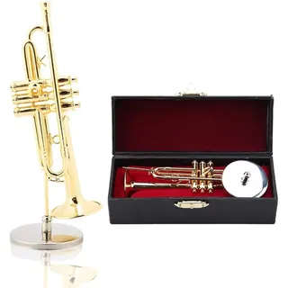Hapivida Miniatur Trompete Modell 13cm Goldene Mini Kleine Trompete Replica Musical Modell mit Koffer und Ständer | Geschenke Wohnkultur Ornamente