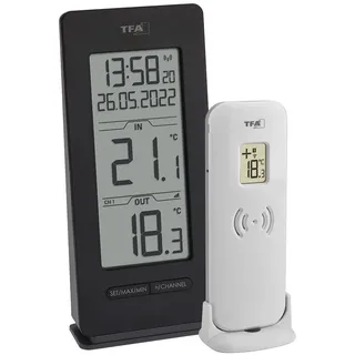 TFA Dostmann Funk Thermometer Innen/Außen, 30.3072.01.90, inkl Funkuhr und Datum, Max.-Min. Funktion, kabellos, Amazon Exklusiv, schwarz