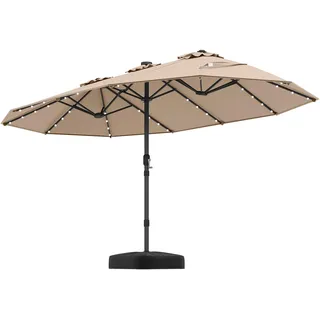 FANTASK Doppelsonnenschirm XXL, 450 x 260 cm, Sonnenschirm Groß mit Ständer und LED-Solar-Beleuchtung, UPF 50+, Terrassenschirm mit Kurbel, Marktschirm, Gartenschirm für Garten, Terrasse (Braun)