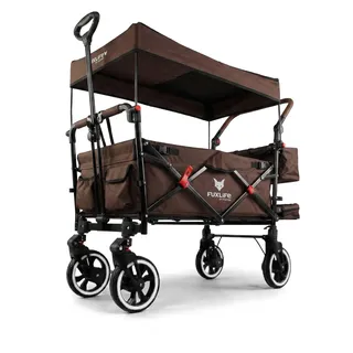 FUXLIFE Bollerwagen FX-CT850 • Braun • Faltbarer Handwagen mit Hecktasche | Sonnendach inklusive • Gepolsterter Innenraum mit Verlängerung • Gefederte Räder • Hecktasche • Belastbarkeit bis 75kg