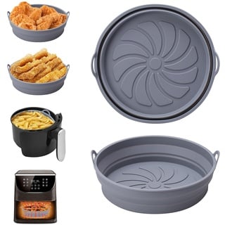 Alyvisun Silikonform für Heißluftfritteuse 2 Stück Air Fryer Silikonmatte Wiederverwendbar Silikon Backform Pot Zubehör Runde Einsätze Liner für Airfryer, Mikrowelle, Ofen, Grau