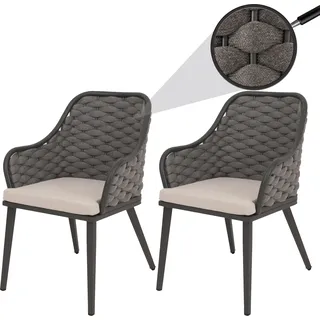 2er-Set Aluminium-Gartenstuhl HWC-O16, Outdoor Stuhl, Olefin (200 g/m2) Seilgeflecht Rope anthrazit Kissen taupe - Beige