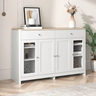Merax Sideboard mit gehärteten Glastüren und Schubladen, Kommode im Landhausstil - Weiß, Naturbelassen