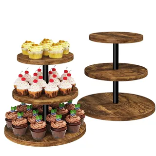 IBUYKE Cupcake-Ständer mit 3 Ebenen,Cupcake-Turm aus Holz,Satz von 2,Runder Dessertständer Tortenständer,Muffinständer, Dessertbaum für Weihnachten, Geburtstag, Hausparty, Hochzeit,Braun TLJ017H-2