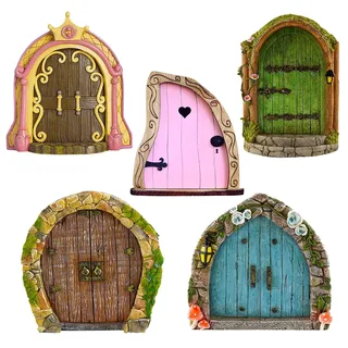 Orsefeliy 5 Stück Holz Feentür Wichteltür Dekoration, Hölzerne Feen Türen für Garten Elfen Tür Yard Ornamente, Miniatur Feentür Garten Märchenhafte Outdoor Kinder Dekorationset