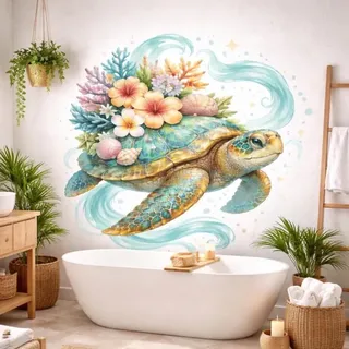 Decords Wandtattoo mit Meeresschildkröte und Blumen – Aufklebergröße: 140 cm