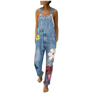 Sawmew Damen Denim Jeans Latzhose Lang Overalls Bunt Mode Jeanslatzhose Locker Ärmellos Vintage Löcher Playsuit Loose Fit Pantalons Arbeitshose Jumpsuit mit Taschen Sommer