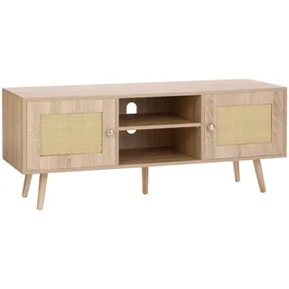 Vevor Rattan-TV-Ständer, Fernsehschrank Boho-TV-Schrank für 140 cm Fernseher, Retro-TV-Ständer, Rattan-TV-Konsole mit verstellbaren Regalen & 2 Türen, für Wohnzimmer, Medienraum, Eiche