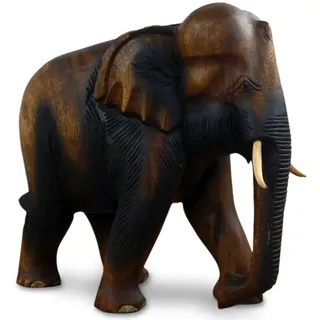 livasia Holzelefant Rüssel unten (Glückselefant), asiatischer Deko Elefant, Tierskulptur (großer Elefant)