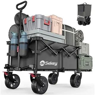 Sekey XXL Bollerwagen Faltbar mit Erweiterbarer Heckklappe 135L & 200L, Faltbarer Bollerwagen Angelwagen Zusammenfaltbar aus Vier Richtungen bis 150KG, Flexi 4019, Grau