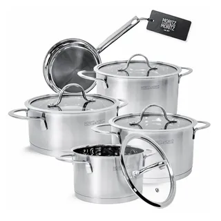 Moritz & Moritz 5-teiliges Kochtopfset inkl. 4 Glasdeckel - Edelstahl Topfset Induktion & alle Herdarten - stylische Töpfe mit Deckel & Stielkasserolle - Geeignet für Spülmaschine & Backofen