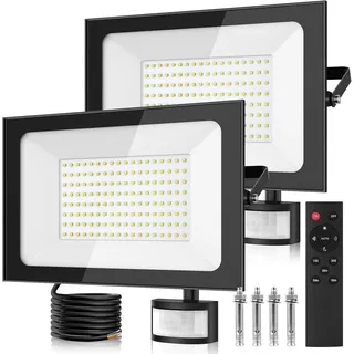 papasbox 2 Stück 150W LED Strahler mit Bewegungsmelder Außen Lichtsensor | Außenstrahler Scheinwerfer Aussen mit Fernbedienung | 6500K Kaltweiß IP66 Wasserdicht Fluter für Garten Garage Sportplatz