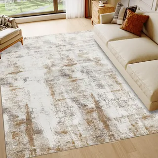 Famibay Teppich Wohnzimmer 200x290cm Kurzflor Beige Braun Teppich Schlafzimmer Waschbar Modern Abstrakt Groß Wohnzimmerteppich für Wohnzimmer Schlafzimmer Esszimmer