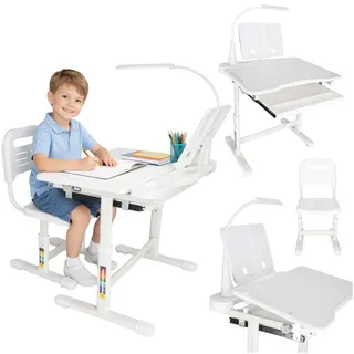 Kindertisch, höhenverstellbarer Schulstuhl, USB-LED-Lampe, weiß - Weiß